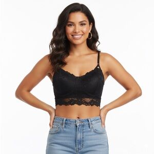 Black Floral Lace Longline Bralette | Adjustable Straps | One Size Stretch Fit